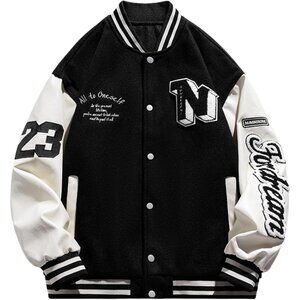 Men's Varsity Jackets Vintage Baseball Letterman Jacket Button Down Black White